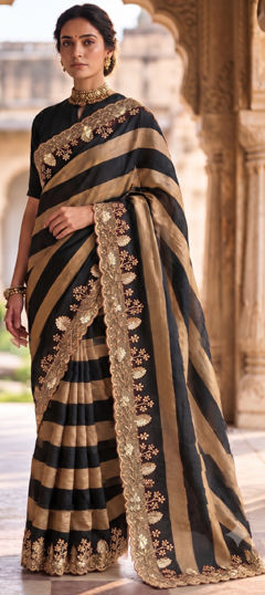 Black and Grey color Saree in Silk fabric with Embroidered, Sequence work