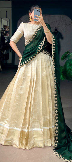 Green color Lehenga in Jacquard fabric with Weaving, Zari work