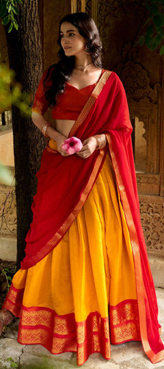 Yellow color Lehenga in Cotton fabric with Weaving, Zari work