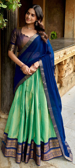 Green color Lehenga in Cotton fabric with Weaving, Zari work