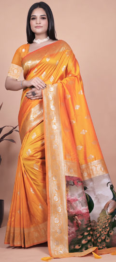 Yellow color Saree in Banarasi Silk fabric with Weaving work