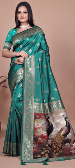 Green color Saree in Banarasi Silk fabric with Weaving work