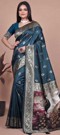 Blue color Saree in Banarasi Silk fabric with Weaving work