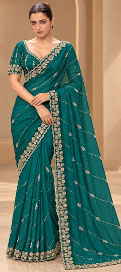 Blue color Saree in Tissue fabric with Bugle Beads, Cut Dana, Embroidered, Lace, Sequence work