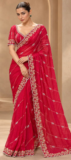 Red and Maroon color Saree in Tissue fabric with Bugle Beads, Cut Dana, Embroidered, Lace, Sequence work