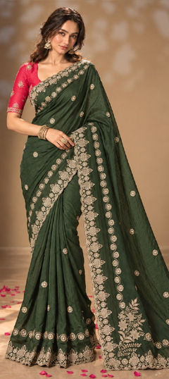 Green color Saree in Chinon Silk fabric with Embroidered work