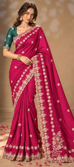 Pink and Majenta color Saree in Chinon Silk fabric with Embroidered work