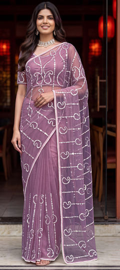Purple and Violet color Saree in Net fabric with Bugle Beads, Embroidered, Sequence work