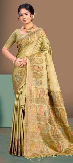 Green color Saree in Silk fabric with Weaving work