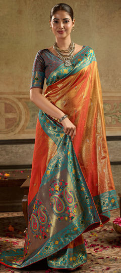 Beige and Brown color Saree in Tissue fabric with Weaving, Zari work