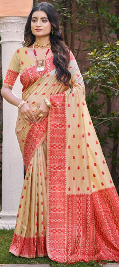 Red and Maroon, White and Off White color Saree in Silk fabric with Weaving work