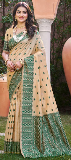 Green, White and Off White color Saree in Silk fabric with Weaving work