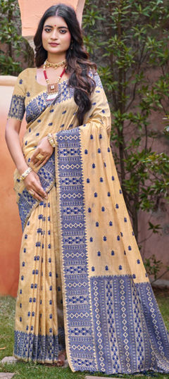 Blue, White and Off White color Saree in Silk fabric with Weaving work