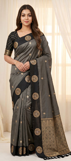 Black and Grey color Saree in Silk fabric with Weaving, Zari work