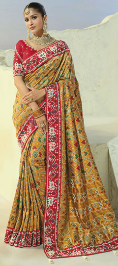 Beige and Brown color Saree in Patola Silk fabric with Cut Dana, Embroidered, Mirror, Moti, Resham, Sequence, Zari work