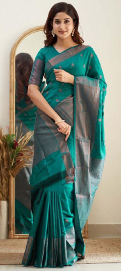 Green color Saree in Silk fabric with Weaving work