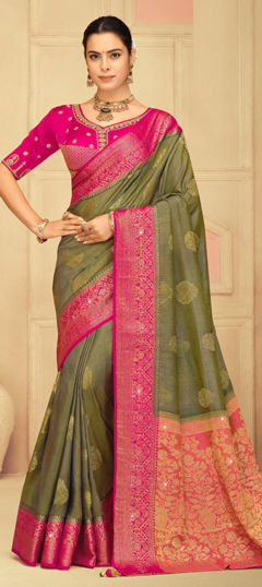 Black and Grey, Pink and Majenta color Saree in Silk fabric with Weaving, Zircon work