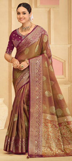 Beige and Brown color Saree in Silk fabric with Weaving, Zircon work