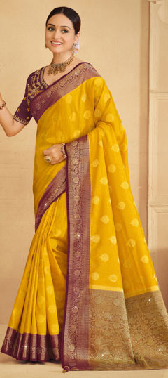 Purple and Violet, Yellow color Saree in Silk fabric with Weaving, Zircon work