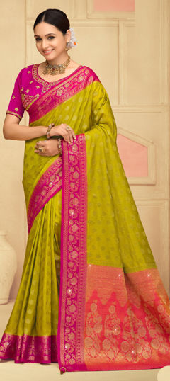 Green, Pink and Majenta color Saree in Silk fabric with Weaving, Zircon work