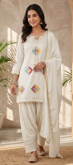 White and Off White color Salwar Kameez in Crepe Silk fabric with Embroidered, Sequence work