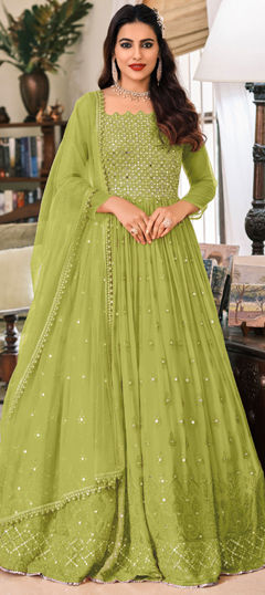 Green color Salwar Kameez in Georgette fabric with Embroidered, Sequence, Zari work