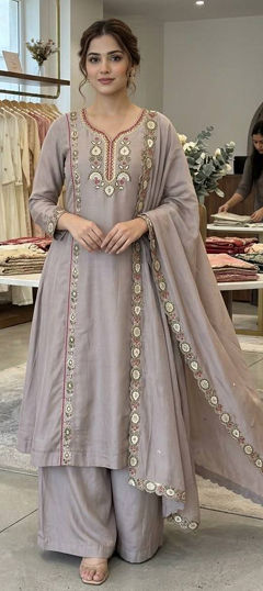 Black and Grey color Salwar Kameez in Mul Chanderi fabric with Embroidered, Sequence work