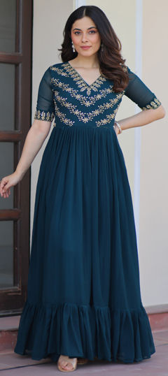 Blue color Gown in Faux Georgette fabric with Bugle Beads, Embroidered, Sequence, Thread work