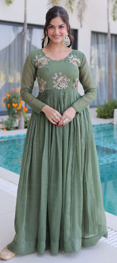 Green color Gown in Crushed Silk fabric with Bugle Beads, Embroidered work