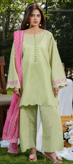 Green color Salwar Kameez in Roman Silk fabric with Embroidered work
