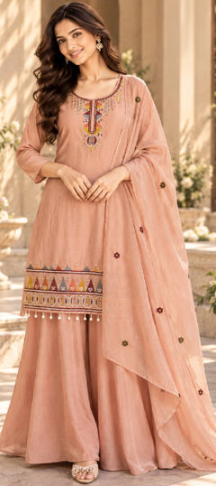 Beige and Brown color Salwar Kameez in Chinon Silk fabric with Bugle Beads, Embroidered, Sequence work