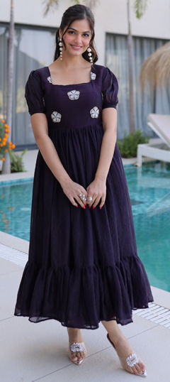 Purple and Violet color Gown in Tissue fabric with Bugle Beads, Embroidered work
