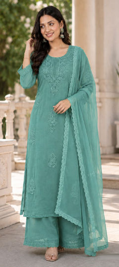 Blue color Salwar Kameez in Georgette fabric with Embroidered work