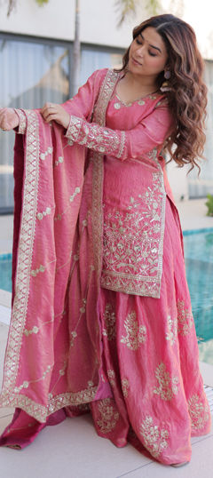 Pink and Majenta color Salwar Kameez in Crushed Silk fabric with Embroidered, Sequence, Zari work