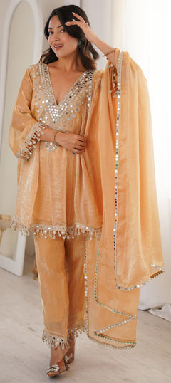 Beige and Brown color Salwar Kameez in Tissue fabric with Embroidered, Lace, Mirror work
