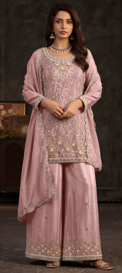 Pink and Majenta color Salwar Kameez in Chinon Silk fabric with Bugle Beads, Cut Dana, Sequence work