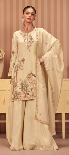 White and Off White color Salwar Kameez in Shimmer fabric with Embroidered, Sequence, Thread, Zardozi work