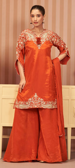 Orange color Salwar Kameez in Organza Silk fabric with Embroidered, Sequence, Zari work