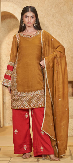Yellow color Salwar Kameez in Silk fabric with Embroidered, Sequence, Thread, Zari work