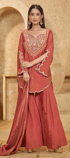 Red and Maroon color Salwar Kameez in Roman Silk fabric with Embroidered, Sequence, Thread, Zari work