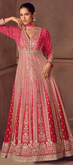 Pink and Majenta color Gown in Chinon Silk fabric with Embroidered, Sequence, Stone, Zari work