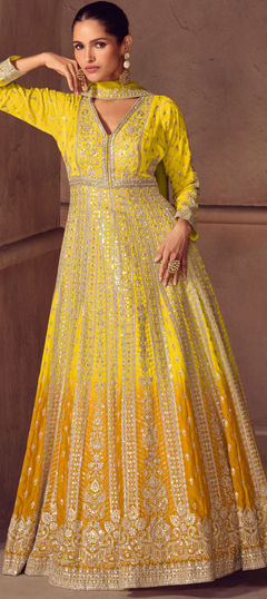 Yellow color Gown in Chinon Silk fabric with Embroidered, Sequence, Stone, Zari work