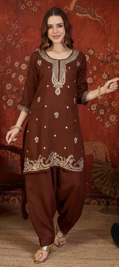 Beige and Brown color Salwar Kameez in Silk fabric with Embroidered work