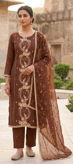 Beige and Brown color Salwar Kameez in Chanderi Silk fabric with Embroidered, Sequence, Zircon work