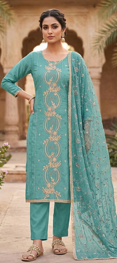 Blue color Salwar Kameez in Chanderi Silk fabric with Embroidered, Sequence, Zircon work