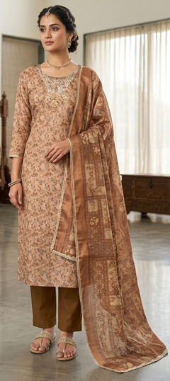 Beige and Brown color Salwar Kameez in Cotton fabric with Bugle Beads, Cut Dana, Printed, Zardozi work