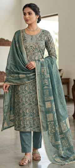 Black and Grey color Salwar Kameez in Cotton fabric with Bugle Beads, Cut Dana, Printed, Zardozi work