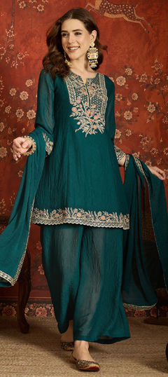 Green color Salwar Kameez in Silk fabric with Embroidered, Thread, Zari work