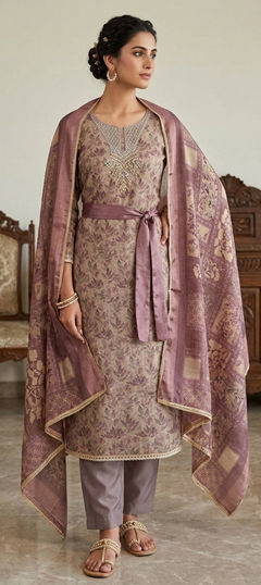 Purple and Violet color Salwar Kameez in Cotton fabric with Bugle Beads, Cut Dana, Printed, Zardozi work