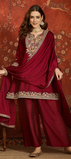 Red and Maroon color Salwar Kameez in Silk fabric with Embroidered, Thread, Zari work